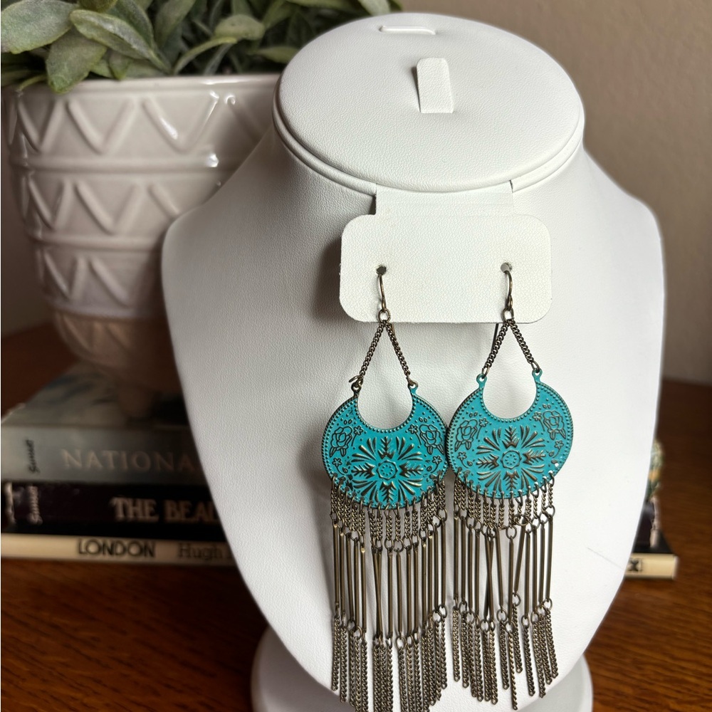 Statement Brass & Turquoise Color Dangle Earrings